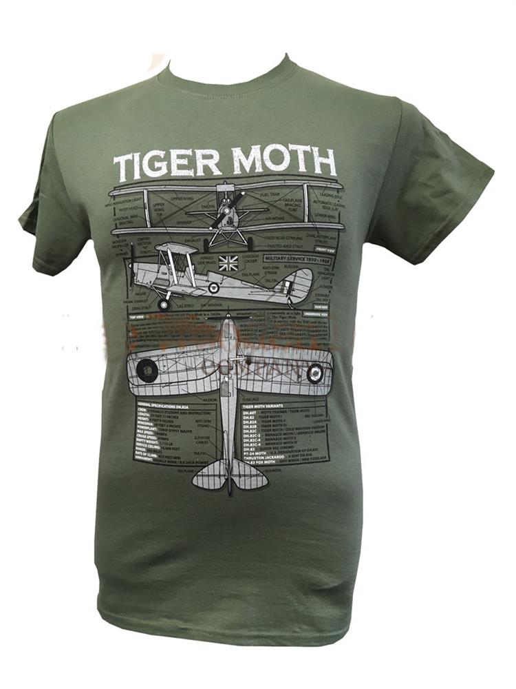 Tiger Moth Blueprint Design T-Shirt Olive Green MEDIUM - Click Image to Close