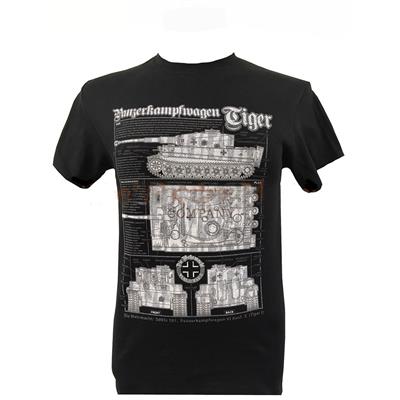 Tiger WW2 Tank Blueprint Design T-Shirt Black LARGE - Click Image to Close
