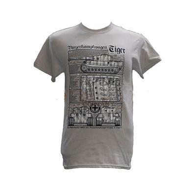 Tiger WW2 Tank Blueprint Design T-Shirt Grey SMALL - Click Image to Close