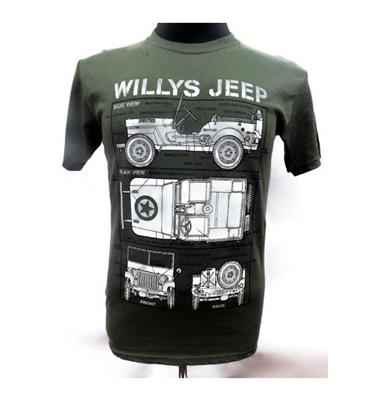 Willys Jeep Blueprint Design T-Shirt Olive LARGE - Click Image to Close
