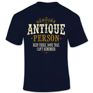 Genuine Antique Person Vintage Lettering T-Shirt Navy Blue SMALL