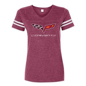 Corvette Logo Striped Football-Style T-Shirt Burgundy LADIES 2X-LARGE