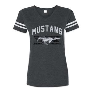 Mustang Pony Striped Football-Style T-Shirt Grey LADIES MEDIUM