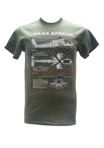 Apache AH-64 Helicopter Blueprint Design T-Shirt Olive Green LARGE