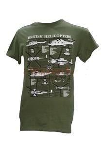 British Helicopters Blueprint Design T-Shirt Olive Green LARGE