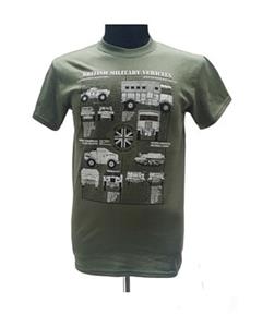British Army WWII Vehicles Blueprint Design T-Shirt Olive Green LARGE - Click Image to Close